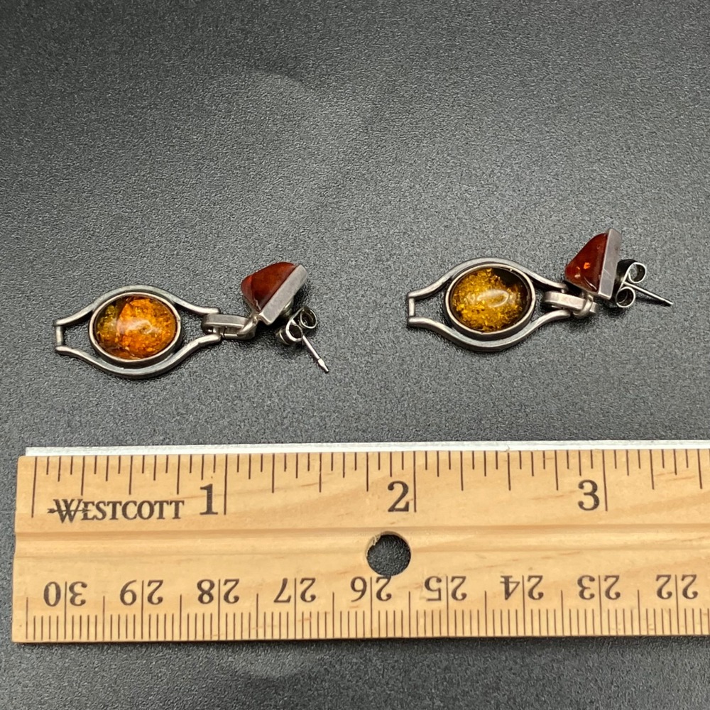 Sterling Silver Two Tone Amber Dangle Earrings Geometric - Picture 6 of 6